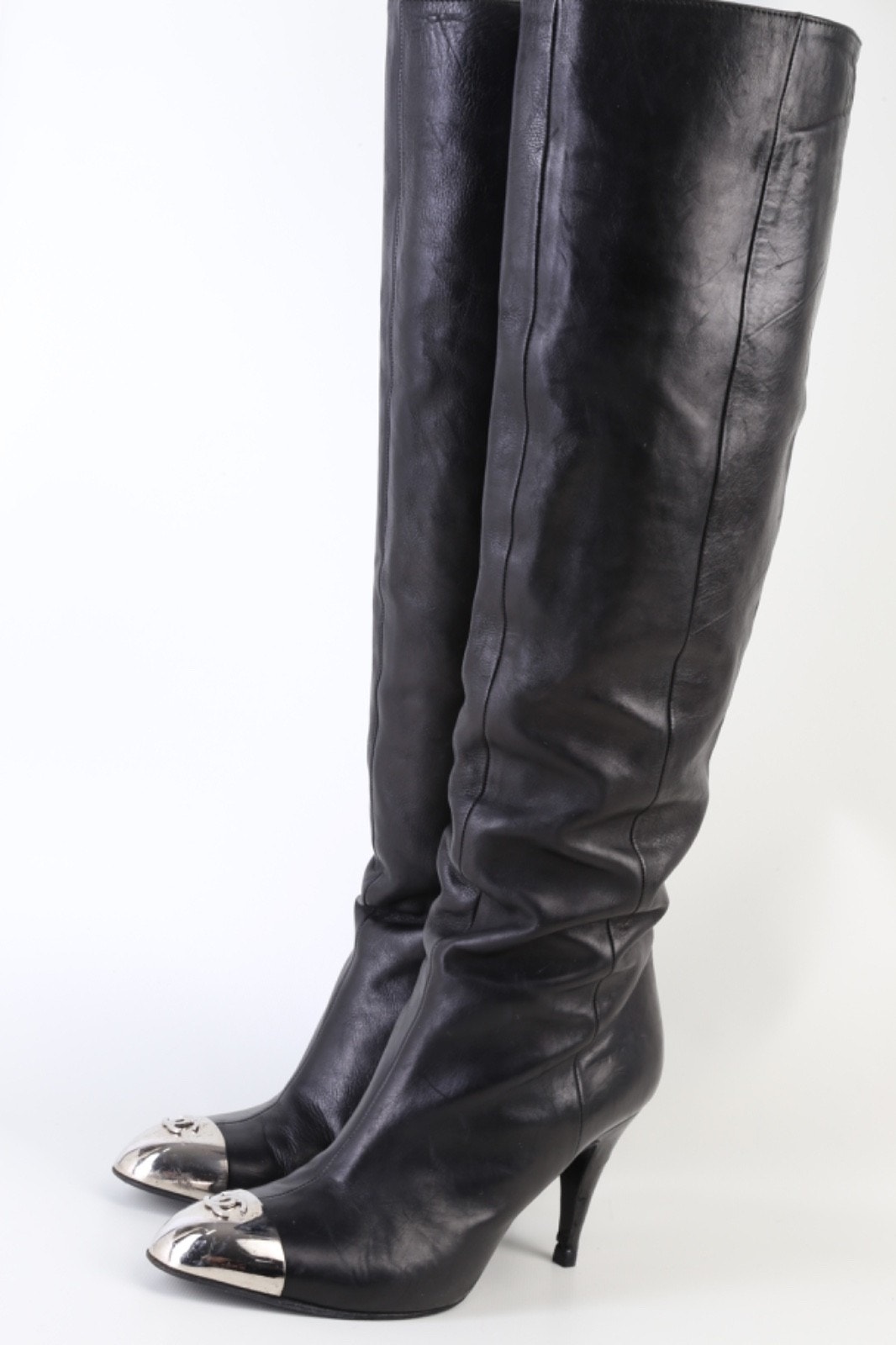 Vintage Chanel Cc 2008 G26136 Black Leather Cap Toe Knee High Boots Size 36.5